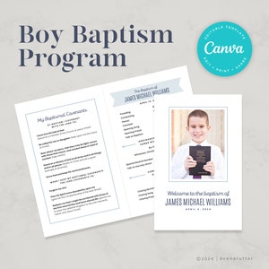 May include: A blue and white program for a boy's baptism. The program includes the text "My Baptismal Covenants" and "The Baptism of James Michael Williams". The program also includes a photo of the boy holding a Bible.