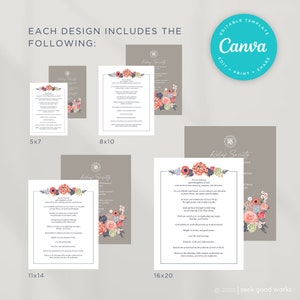 May include: Four printable designs for a Relief Society program or meeting. The designs feature a floral motif with pink, peach, and blue flowers. The text includes the words "Relief Society" and a list of principles. The designs are available in four sizes: 5x7 inches, 8x10 inches, 11x14 inches, and 16x20 inches.