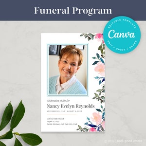 Plantilla de programa funerario editable Programa conmemorativo plegable Celebración de la vida imprimible Orden de servicio Floral