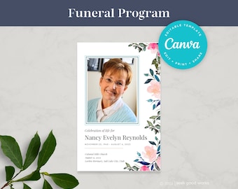 Modelo editável de programa funerário Programa memorial dobrável para impressão Celebração da vida Ordem de serviço floral