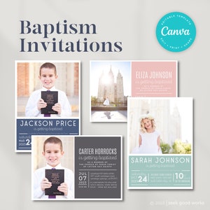 May include: Four baptism invitations featuring photographs of children and a temple. The invitations are in various colours and include the names of the children, the date and time of the baptism, and the location. The text on the invitations reads "Jackson Price is getting baptised", "Eliza Johnson is getting baptised", "Carter Horrocks is getting baptised", and "Sarah Johnson is getting baptised".