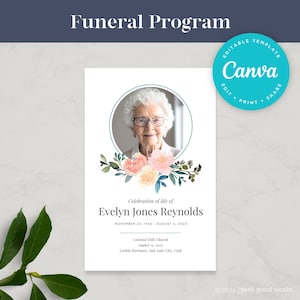 Plantilla de programa funerario editable Programa conmemorativo plegable Celebración imprimible de la vida Orden de servicio Floral de acuarela