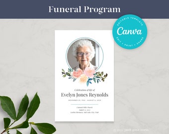Modelo de programa funerário editável | Programa memorial dobrável | Celebração da vida para imprimir | Ordem de serviço | Ilustração floral em aquarela