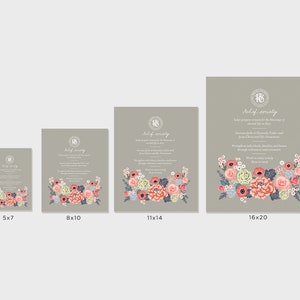 May include: Four different sizes of a gray invitation card with a floral design and the text "Aid of Sorority" in a circle. The floral design features pink, red, white, and blue flowers. The sizes are 5x7, 8x10, 11x14, and 16x20 inches.