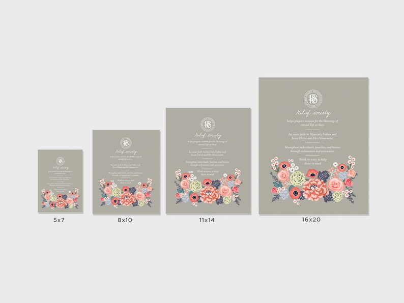 May include: Four different sizes of a gray invitation card with a floral design and the text "Aid of Sorority" in a circle. The floral design features pink, red, white, and blue flowers. The sizes are 5x7, 8x10, 11x14, and 16x20 inches.