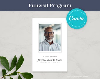 Modelo de programa funerário editável, programa memorial dobrável para impressão, ordem de serviço para celebração da vida.