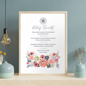 May include: A white printable poster with a floral design at the bottom. The poster features the text "Relief Society" and a description of the organization's purpose.