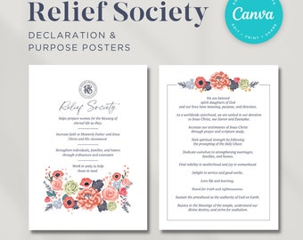 May include: Two printable posters with floral designs and text about the Relief Society of the Church of Jesus Christ of Latter-day Saints. The text on the left poster reads "Relief Society helps prepare women for the blessing of eternal life as they..." and the text on the right poster reads "We are beloved spirit daughters of God..."