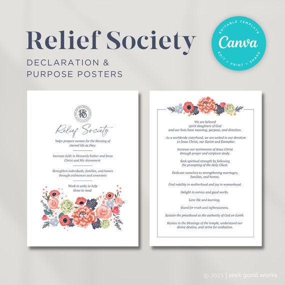Relief Society Posters and Prints - Purpose and Declaration of Relief Society - 2 Color Options -  Multiple Sizes