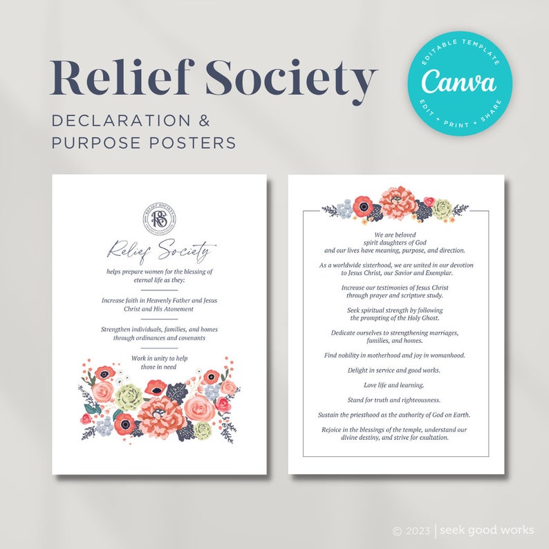 May include: Two printable posters with floral designs and text about the Relief Society of the Church of Jesus Christ of Latter-day Saints. The text on the left poster reads "Relief Society helps prepare women for the blessing of eternal life as they..." and the text on the right poster reads "We are beloved spirit daughters of God..."