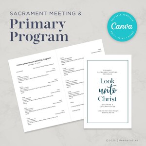 Puede incluir: Una plantilla blanca del Programa de la Reunión Sacramental de Primaria con el texto "Look unto Christ" en verde azulado. El programa incluye el texto "Doctrine & Covenants 6:36" y la frase "Look unto me in every thought, doubt not, fear not."