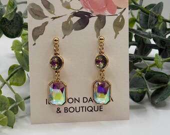 Iridescent Crystal Drop Earrings | Gold Dangle Earrings | Rainbow Prism Statement Earrings