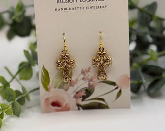 Gold Filigree Cross Drop Earrings | Vintage Cross Earrings | Faith-Inspired Gold Dangle Earrings | Boutique Jewelry