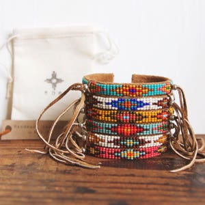 BC-11, handmade Native American inspired adjustable beaded cuff bracelet with fringe image 5