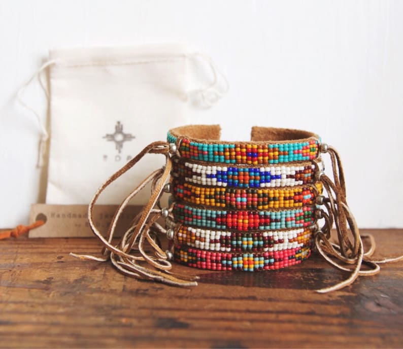 BC-11, handmade Native American inspired adjustable beaded cuff bracelet with fringe image 5