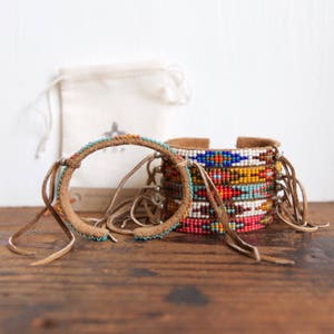 BC-11, handmade Native American inspired adjustable beaded cuff bracelet with fringe image 7