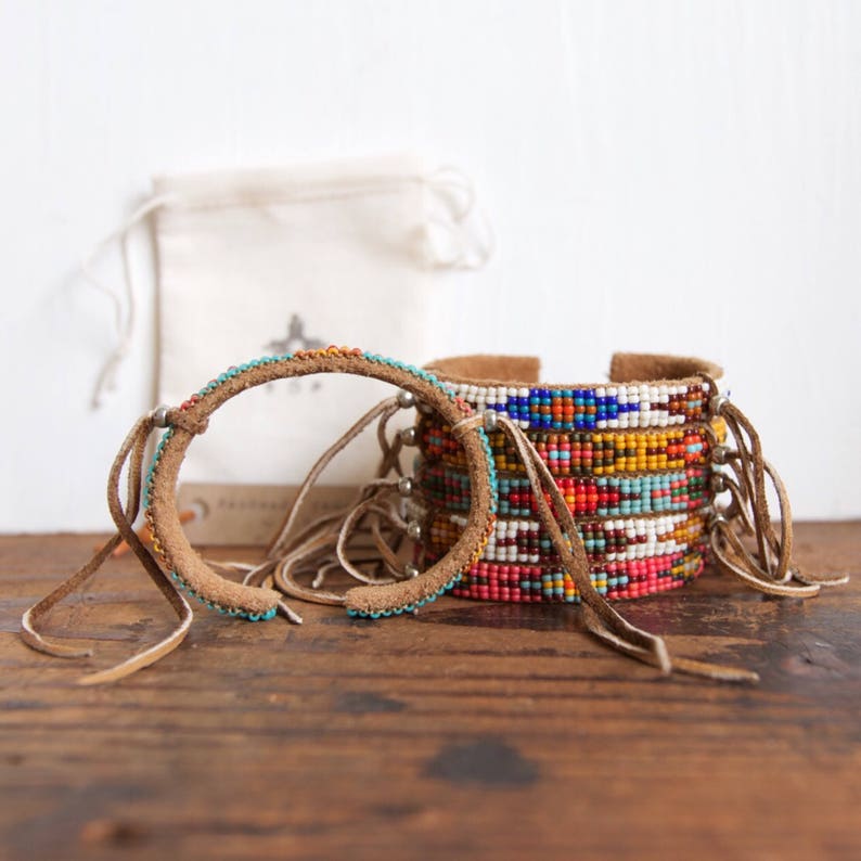 BC-11, handmade Native American inspired adjustable beaded cuff bracelet with fringe image 7