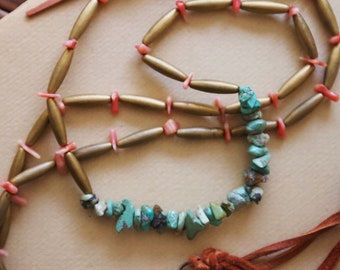 Handmad solid brass, natural coral and turquoise beaded necklace with leather strings