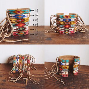 BC-11, handmade Native American inspired adjustable beaded cuff bracelet with fringe image 3