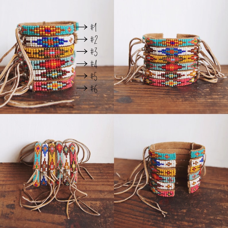 BC-11, handmade Native American inspired adjustable beaded cuff bracelet with fringe image 3