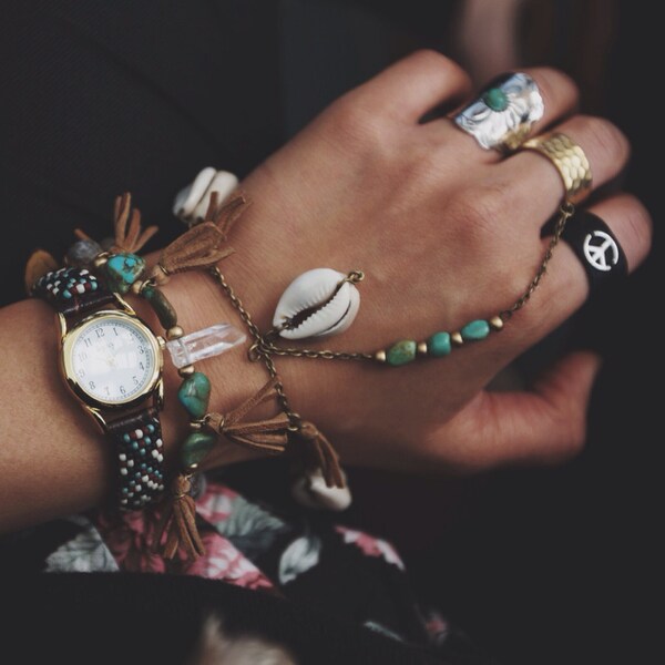 BSR-01,brass slave ring/bracelet with turquoise, cowrie shells and tassels