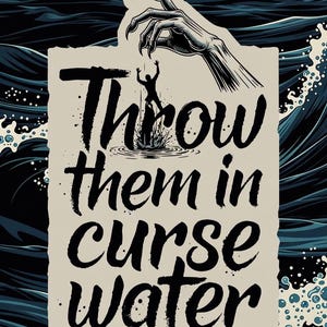 Op de afbeelding: Illustratie met de tekst "Throw them in curse water". Een silhouetfiguur wordt door een skeletachtige hand in het water getrokken. De achtergrond toont gestileerde donkerblauwe golven.