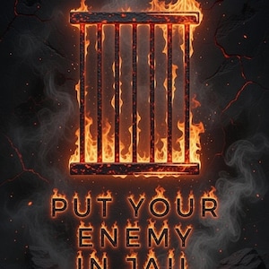 May include: Digital art print featuring a fiery jail cell with flames and smoke against a dark, cracked background. The text "PUT YOUR ENEMY IN JAIL" is written in a fiery font, adding to the dramatic effect.