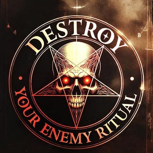 May include: A dark, stylized graphic featuring a skull with glowing red eyes inside a pentagram. The words "DESTROY YOUR ENEMY RITUAL" are in a circular design around the skull, with a vintage, distressed aesthetic.
