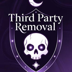 May include: A digital graphic with a purple background featuring a white shield shape. The shield contains a white skull with glowing purple eyes and a star. The text "Third Party Removal" is displayed in white.