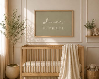 Olijfgroen naambordje sjabloon – Bewerkbaar Canva-sjabloon voor de babykamer