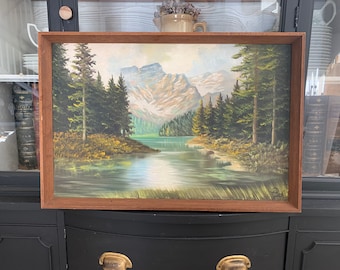 Vintage Mountain Lake Nature Oil Painting - Snowy Peaks - Scenic California Coast - Woods