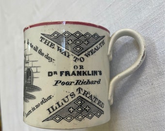 Antique 19th C Victorian era Staffordshire transferware Child mug Cup - Poor Richard