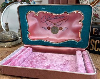 Vintage Hawthorne Teal and Pink Velvet Fabric Storage Jewelry Box