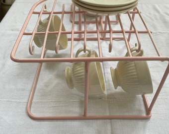 Vintage Pink Coated Wire Metal Dish Cup Rack