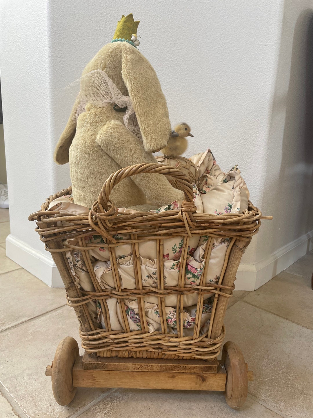Vintage Rustic European Wicker Toy Basket on Wheels Etsy