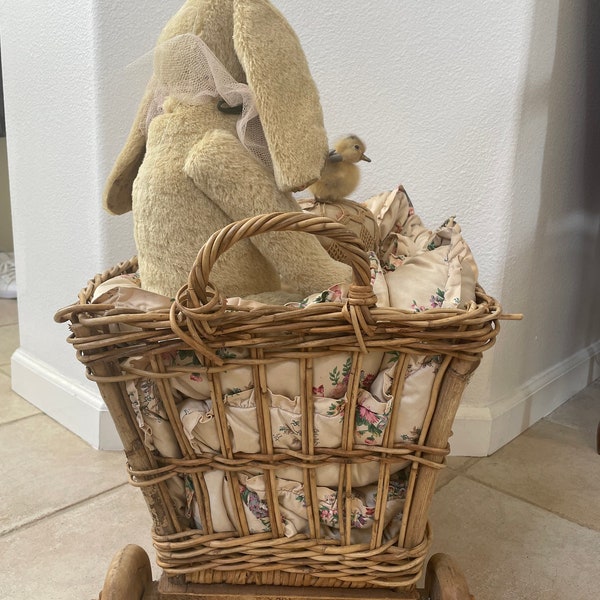 Reserved for Hannah - Vintage Rustic European Wicker Toy Basket on Wheels