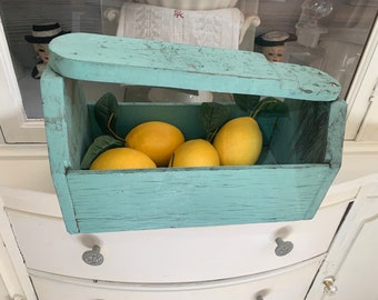 Vintage Tote- French Country - Cottage Chic - Shabby Chic Wooden Silverware Utensil Caddy Box - Vintage Shoe Shine Box