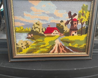 Vintage Framed Barn And Windmill Cross Stitch Wall Art