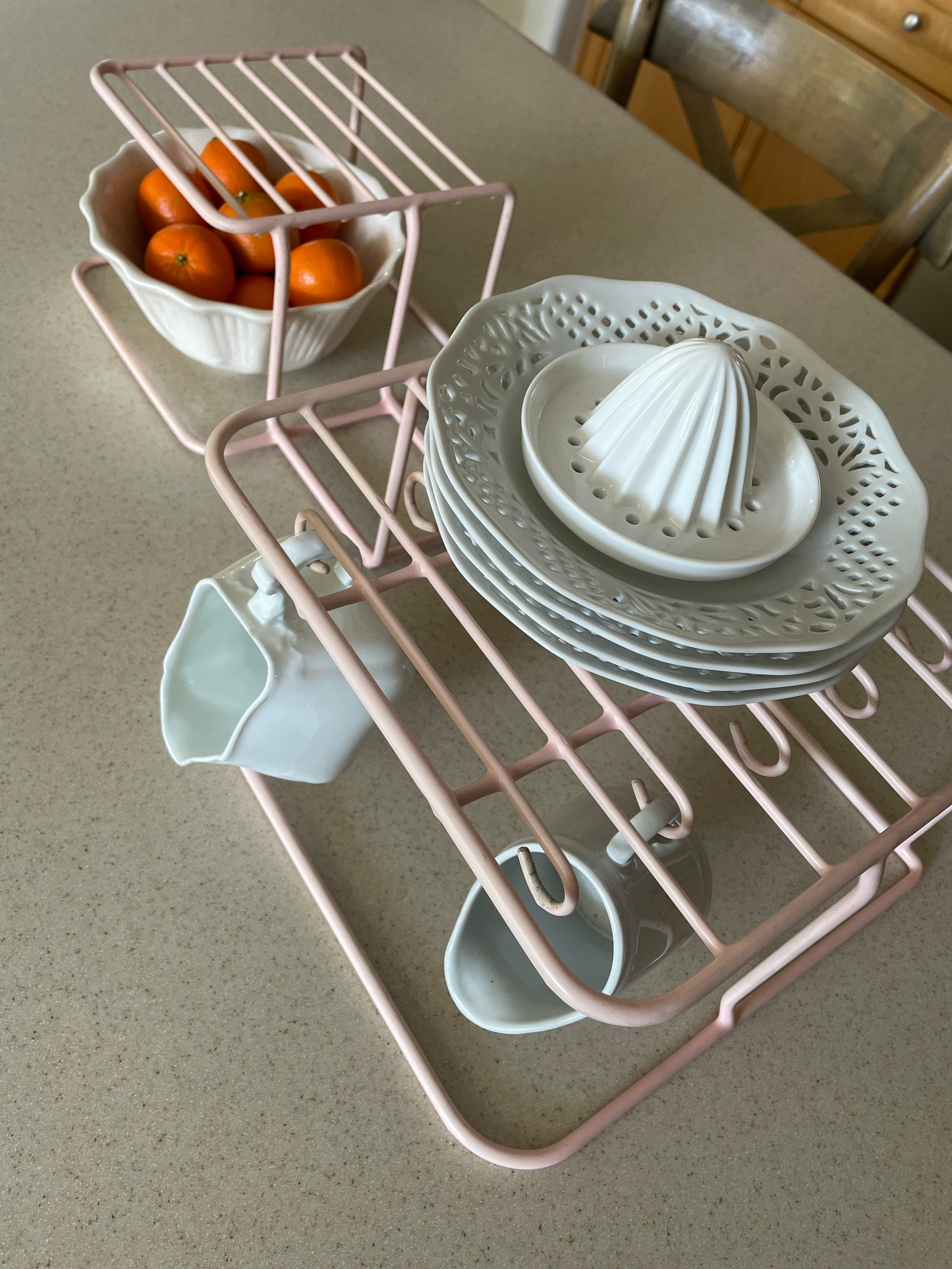 Vintage PINK KITCHEN SINK DISH DRAINER DRYING ENAMEL WIRE RACK with