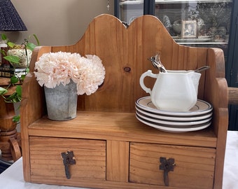 Vintage Wood Table Top Shelf, Two Drawers, and Scallop Detail - Cottage Chic - Farmhouse Rustic