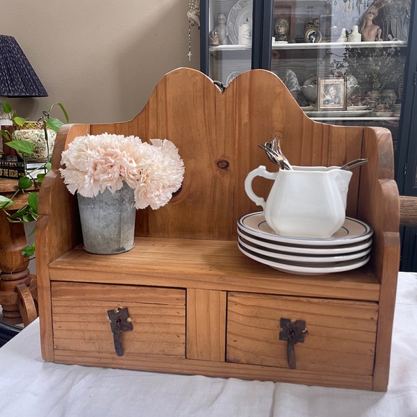 Vintage Wood Table Top Shelf, Two Drawers, and Scallop Detail - Cottage Chic - Farmhouse Rustic