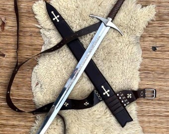 Espada Faithkeeper com Bainha - Espada Medieval dos Cavaleiros Templários - Christus Vincit, Espada Ravencrest com Bainha de Madeira, Espada Longa Élfica