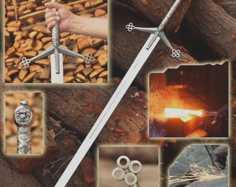 Espada Claymore Escocesa Feita à Mão: Lâmina de Aço Inoxidável, Bainha de Couro, Suporte de Parede