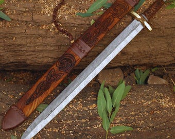 Par de espadas vikings forjadas à mão com bainha | Lâminas em aço damasco e aço inoxidável