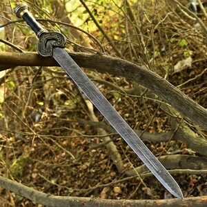 May include: A decorative sword with a patterned blade and ornate handle. The handle is black with gold accents and a circular guard. The sword is resting on a tree branch, with a blurred background of foliage.