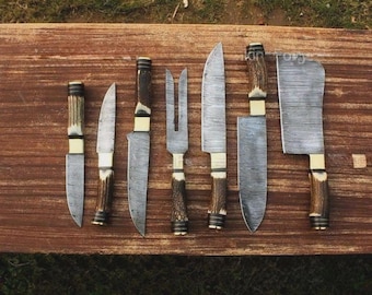Handgefertigtes Damast-Stahl Kochmesser-Set, Hirschgeweihgriff, Ledertasche