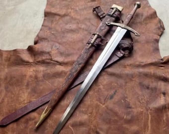 Espada Medieval Ravencrest com Bainha de Couro | Espada Artesanal em Aço Full Tang | Item de Colecionador em Estilo Viking | Ótimo Presente de Páscoa
