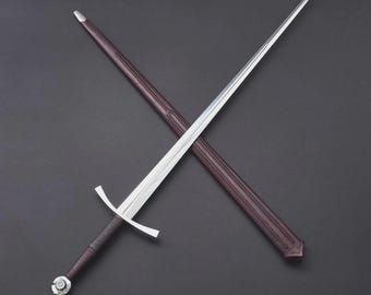 Espada longa medieval artesanal em aço carbono com bainha, decoração medieval para cosplay - Presente perfeito para o Dia dos Pais, presente para ele ou para padrinhos.