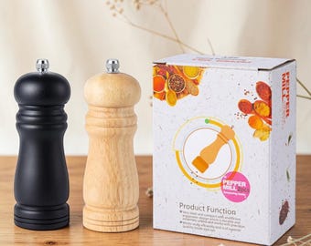 Solid Wood Pepper Grinder Set, Adjustable Mill, Black and Natural