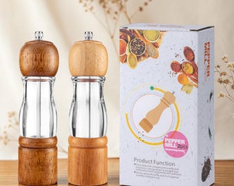 Wooden Pepper Mill Set, Sea Salt & Black Pepper Grinder, Kitchen Gift